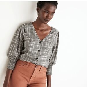 Gray Plaid V-Neck Blouse